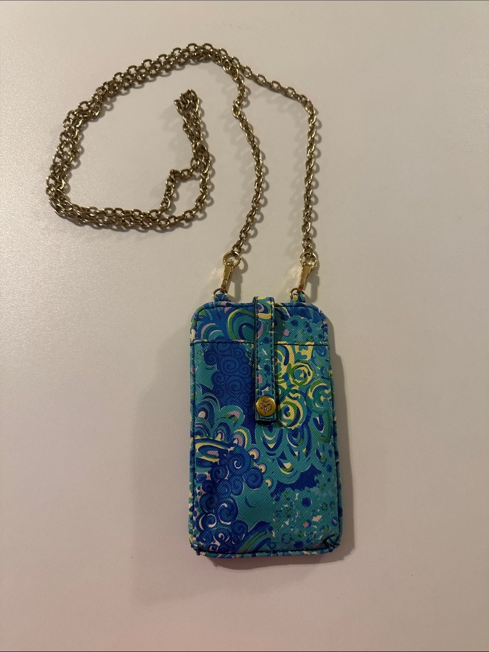 Lilly Pulitzer Blue and Green Patterned Crossbody Phone Pouch with Gold Chain